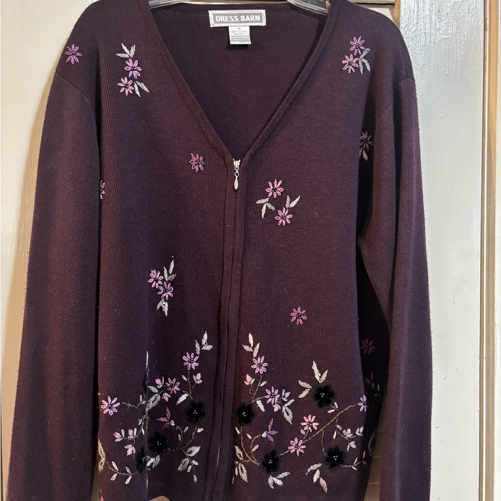 Dress Barn Dark Purple Floral Cardigan